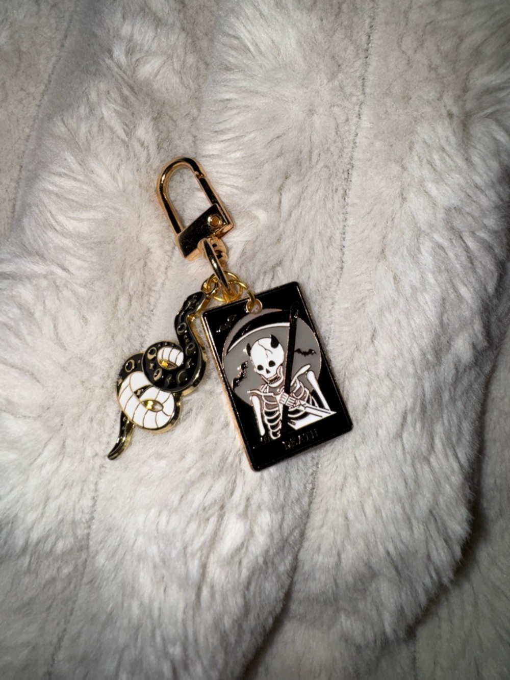 Skeleton and Snake Enamel Keychain - Black & White with Gold Accents